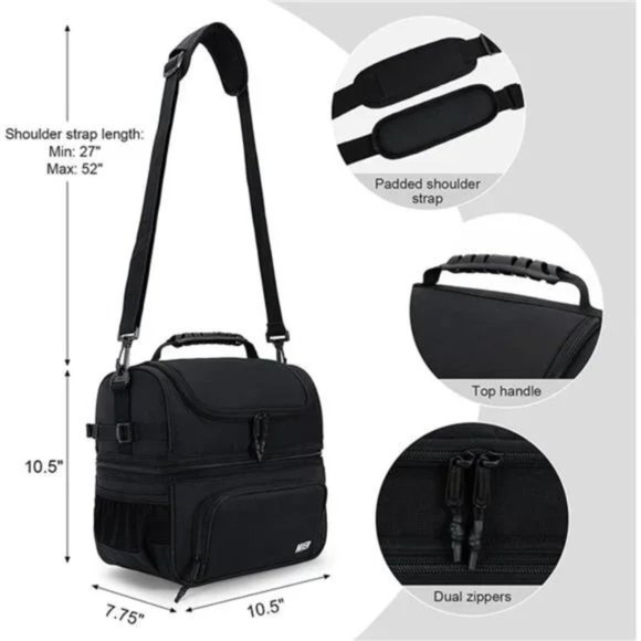 New Dual Compartment Lunch Bag Tote for Men & Women Leakproof Cooler Bag, Black - Picture 4 of 7